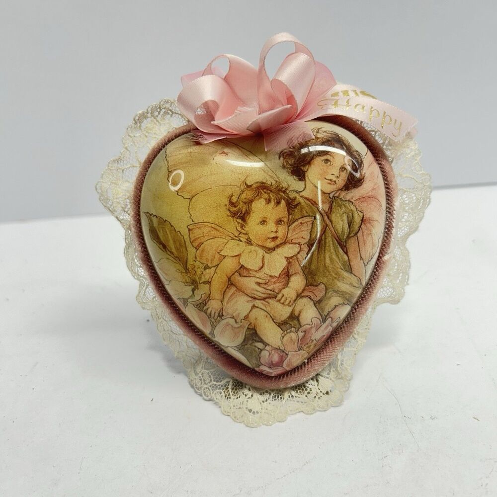 Vintage Flower Fairies Heart Music Box Pink Satin Lace Cicely Mary Barker